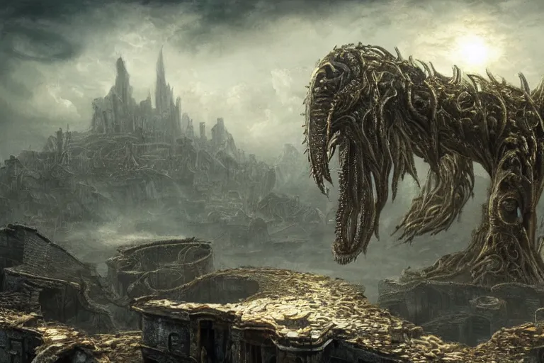 Prompt: ultra realist soft painting of a single lovecraftian gigantic creature on a ruined city, very intricate details, dense deep fog, golden ratio, volumetric cinematic lighting, reflections, refractions, symmetry accurate anatomy features, omnious background, unreal render