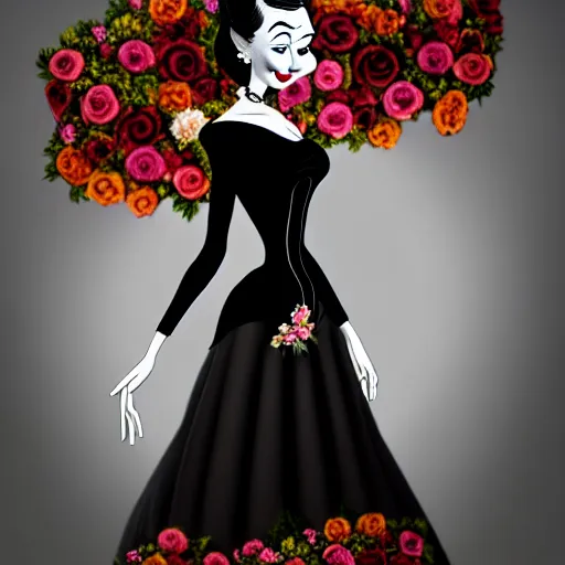 Image similar to portrait of an absurdly graceful, elegant, slender, sophisticated woman wearing black victorian dress, covered in flowers, by dr seuss, tex avery, intricate, beautiful, artstation 8 k