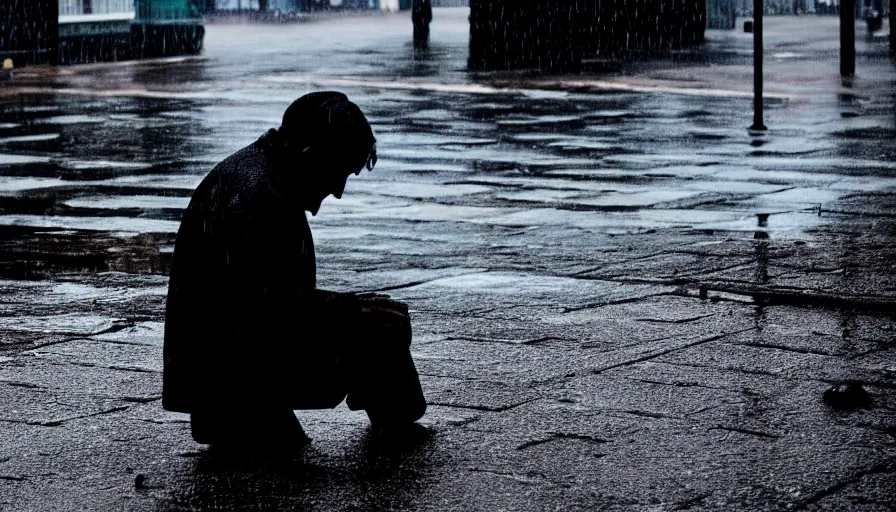 Image similar to there is a man on his knees in a puddle lamenting his miserable life while it rains dramatically, film still from a movie directed by andrei tarkovski, photorealistic, cinematic lighting, intrincate, atmospheric, highly detailed, smooth, sharp focus