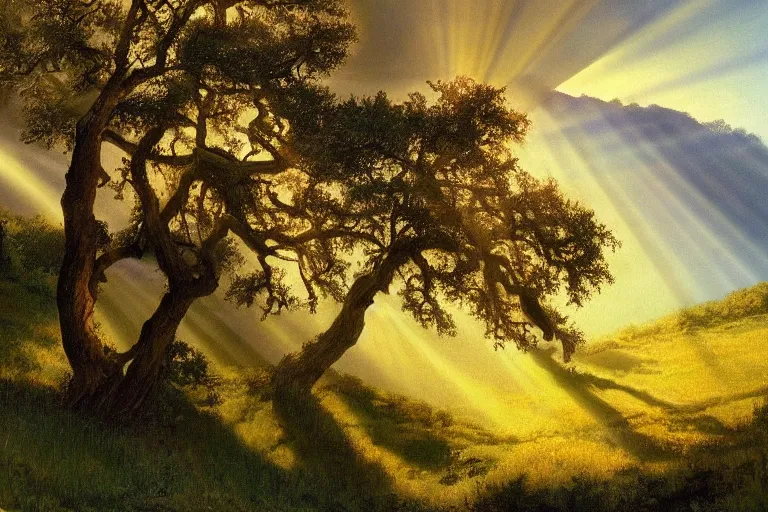 Prompt: masterpiece painting of oak trees on a hillside overlooking a creek, dramatic lighting with god rays, by marc davis