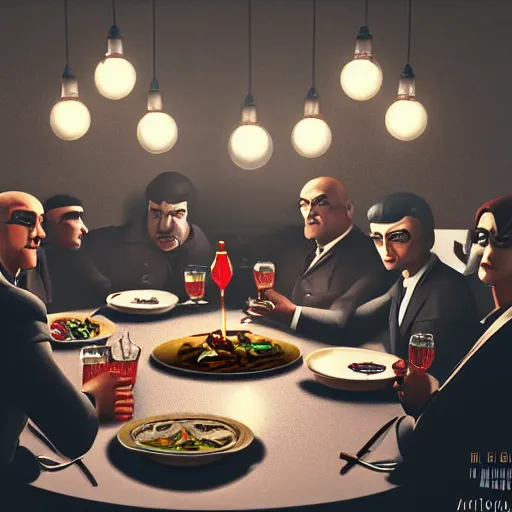 Image similar to a mafia family having dinner around a table, 3 d render octane, trending on artstation