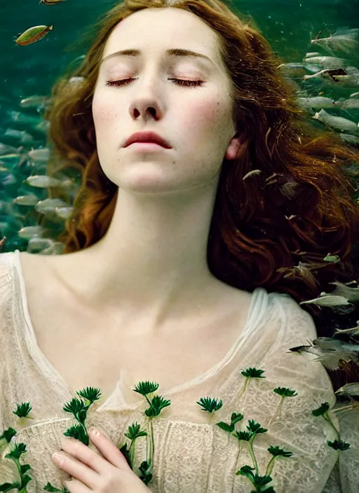 Prompt: Kodak Portra 400, 8K, soft light, volumetric lighting, highly detailed, britt marling style 3/4, Close-up portrait photography of a beautiful woman how pre-Raphaelites a woman with her eyes closed is surrounded by water , face is surrounded by fish, she has a beautiful lace dress and hair are intricate with highly detailed realistic beautiful flowers , Realistic, Refined, Highly Detailed, natural outdoor soft pastel lighting colors scheme, outdoor fine art photography, Hyper realistic, photo realistic