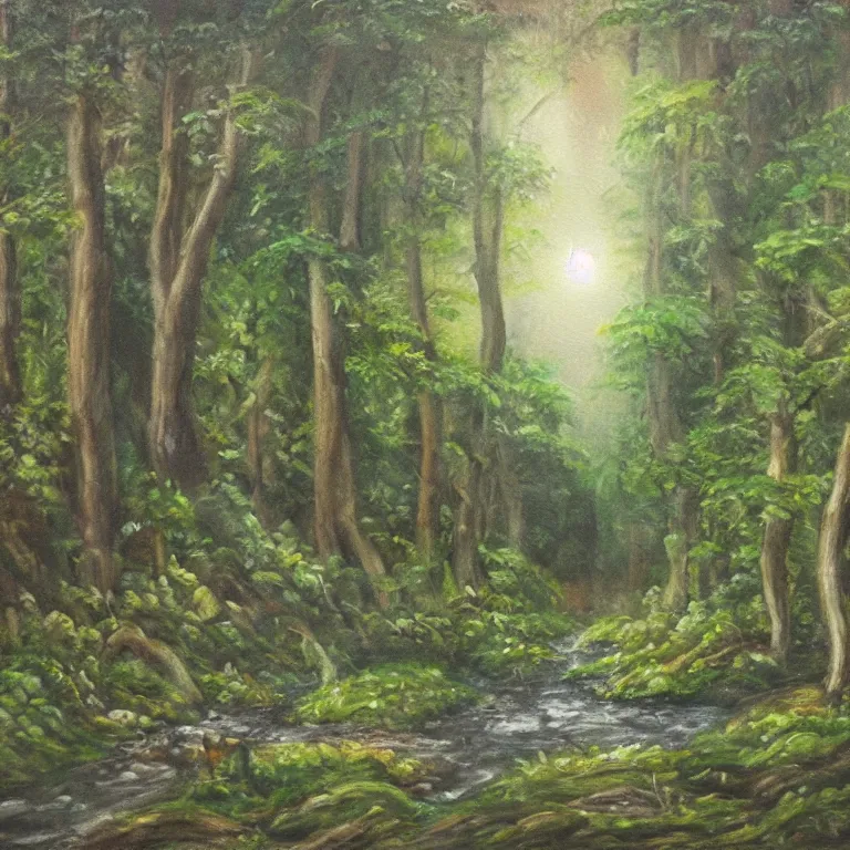 Image similar to light oil painting of a forest with a stream running down the middle with tiny female woodland sprites dancing, anatomically correct