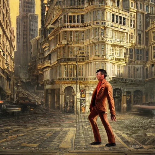 Image similar to humanoid reptilian man walks through the center of a city, extremely detailed oil painting, 1 9 2 0's colored pencil, highly detailed, highly accurate, deep aesthetic, 8 k, highly ornate intricate details, cinematic lighting, rich colors, beautiful scenic view, ray tracing, hyperrealistic, photorealistic, cinematic landscape, trending on artstation, concept art,