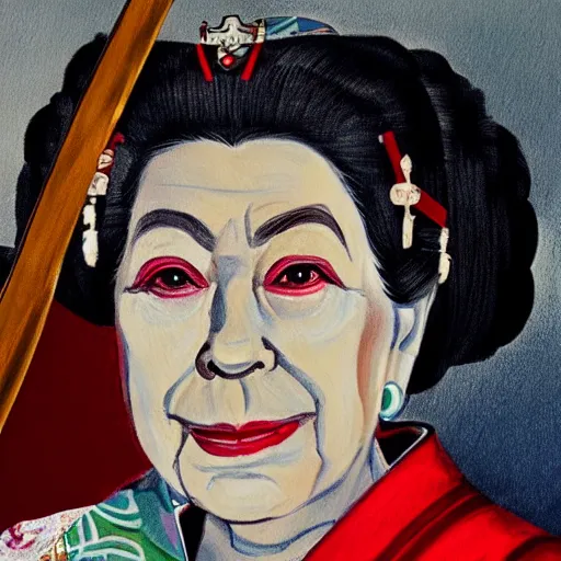 Image similar to a beautiful painting of old queen elizabeth ii dressed as japanese samurai with katana, realistic, portrait, full body, hd, 8 k, 4 k,