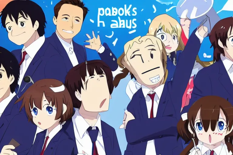 Prompt: elon musk!, zuckerberg! and bezos! in the style of k - on main characters by kyoto animation, anime