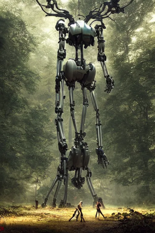 Image similar to A large mechanical robot statue in the middle of a forest by Greg Rutkowski, Sung Choi, Mitchell Mohrhauser, Maciej Kuciara, Johnson Ting, Maxim Verehin, Peter Konig, final fantasy , 8k photorealistic, cinematic lighting, HD, high details, atmospheric,