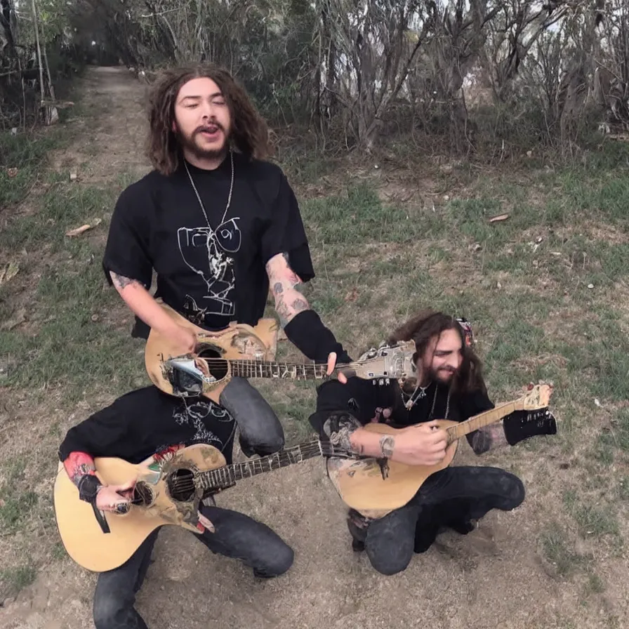 Prompt: trailcam footage of Post Malone playing a guitar on a mexican street