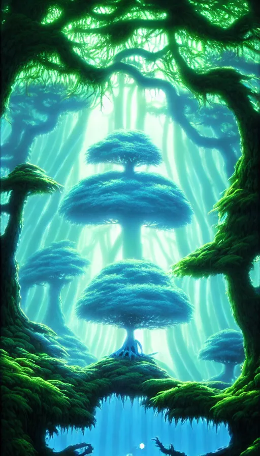 Prompt: a tree in a forest of ori in the blind forest, studio ghibli, painted by tim white, michael whelan, j. c. 8 k