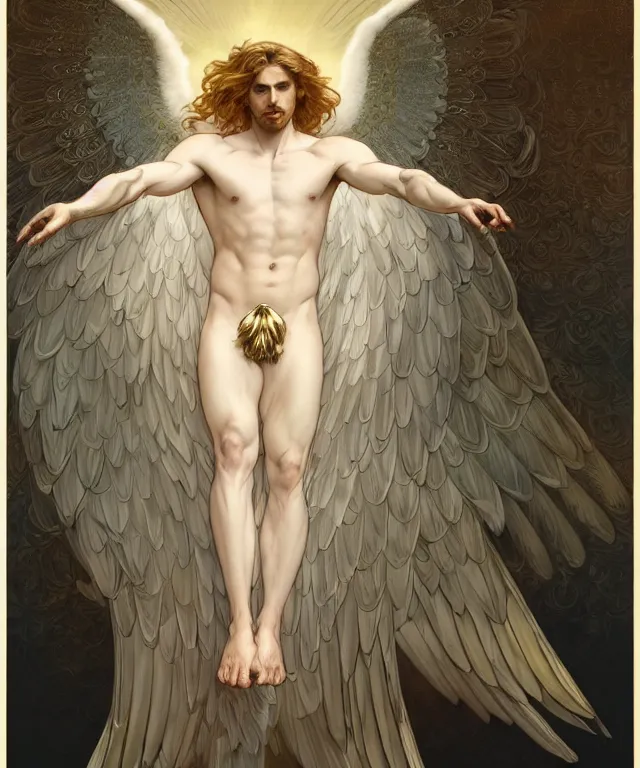 Image similar to symmetrical fullbody portrait of a beautiful young fit male angel with curly blond hairs, dressed in long fluent clothes, majestic big dove wings, luminous halo, by greg rutkowski and alphonse mucha, gradient white to gold, in front of an iridescent background, highly detailed portrait, digital painting, artstation, concept art, smooth, sharp focus illustration