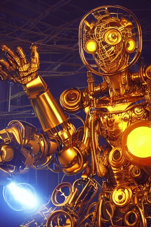 Image similar to portrait photo of a giant huge golden and blue metal humanoid steampunk robot female singer with a human face and gears and tubes, in the foreground is a big red glowing microphone, eyes are glowing red lightbulbs, shiny crisp finish, 3 d render, 8 k, insaneley detailed, fluorescent colors, background is multicolored lasershow