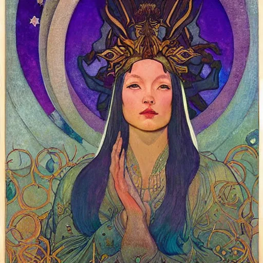 Prompt: queen of the moon with stars in her hair, by nicholas roerich and annie swynnerton and donato giancola and diego rivera and dulac, dramatic lighting, god rays, geometric tattoos, rich colors, smooth sharp focus, extremely detailed, leo and diane dillon, adolf wolfli