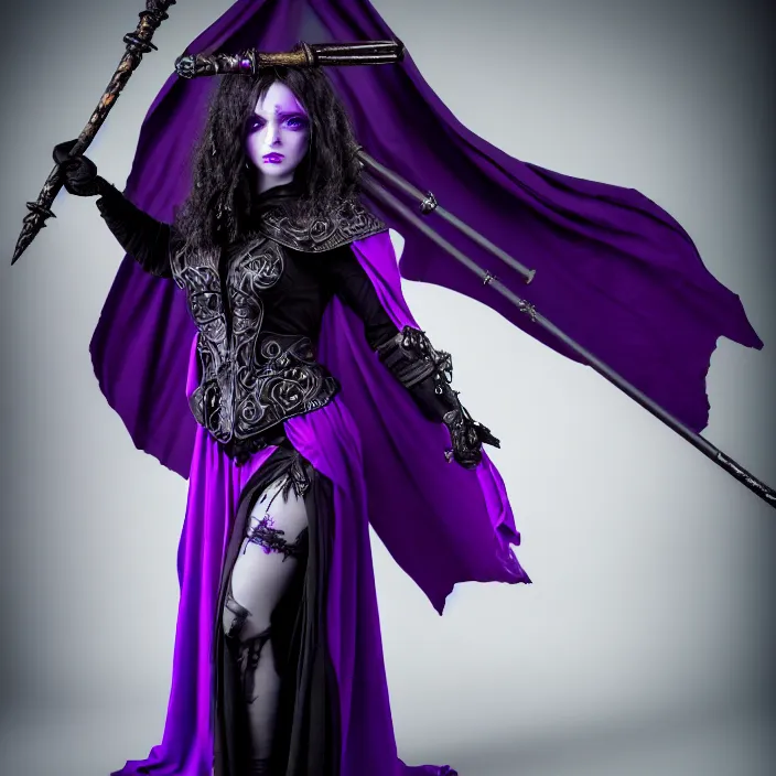 Prompt: professional photograph of a real - life beautiful elemental dark witch with ornate purple and black robes and staff. extremely detailed. 8 k