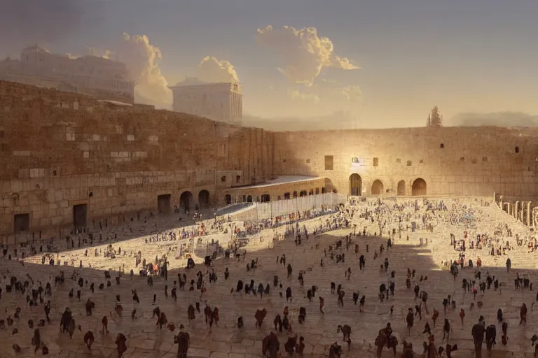 Image similar to the western wall, matte painting, long shot, concept art, wide shot, digital art, trending on artstation, 4 k, extremely detailed, realistic, midday, warm colors, golden sunlight, by greg rutkowski, cinematic, epic