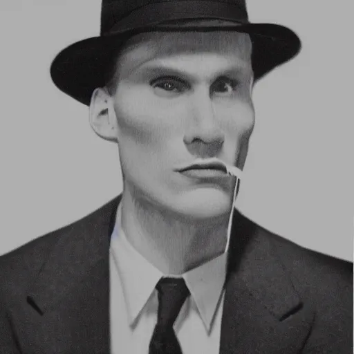 Image similar to A photograph portrait of Jerma985 wearing a suit with and fedora in the 1940s, taken in the early 1940s, grainy, taken on a 940s Kodak Camera, realistic, hyperrealistic, very realistic, highly detailed, very detailed, extremely detailed, detailed, digital art, trending on artstation