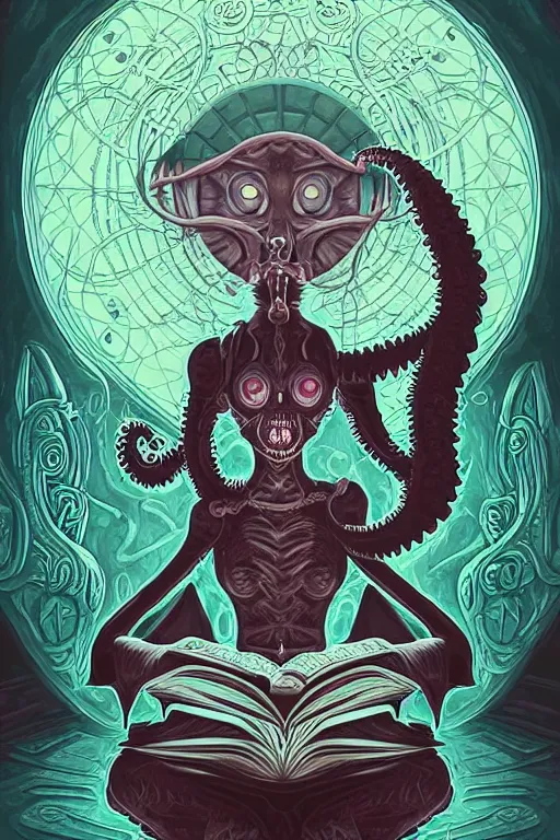 Image similar to ai illustration of romantic girl, her cat and her book of necronomicon, symmetrical, cinematic, sharp focus, 4 k, ultra hd, sense of awe, sinister demonic atmosphere, dreadful, forbidden knowledge, old gods, cthulhu, yog - sothoth! yah, yah, yah! cultist journal cover