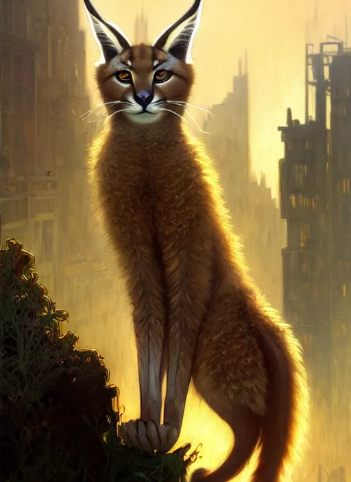 Prompt: a cute fluffy caracal, in postapocalypse city, diffuse lighting, fantasy, intricate, elegant, highly detailed, lifelike, photorealistic, digital painting, artstation, illustration, concept art, smooth, sharp focus, art by john collier and artem demura and albert aublet and krenz cushart and alphonse mucha