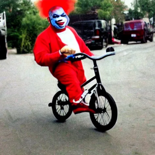Image similar to mike tyson riding a tiny clown bike