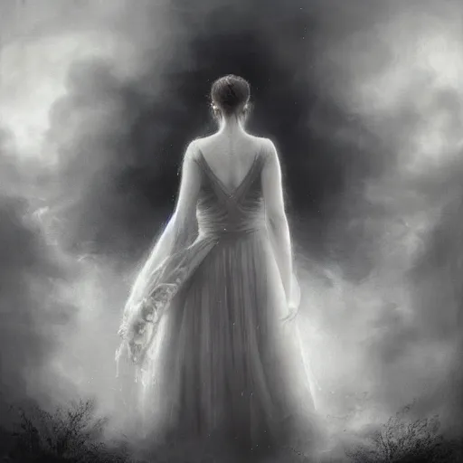 Image similar to By Tom Bagshaw, ultra realist soft painting of a castle court by night, centered fading Emma watson fully dressed, horror, omnious sky, symmetry accurate features, very intricate details, black and white, volumetric light clouds, 8K