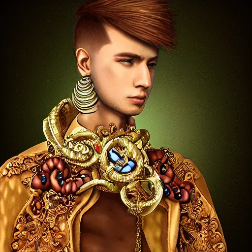 Image similar to a character model design of a very handsome young man wearing excessive jewelry in an ornate and elegant way