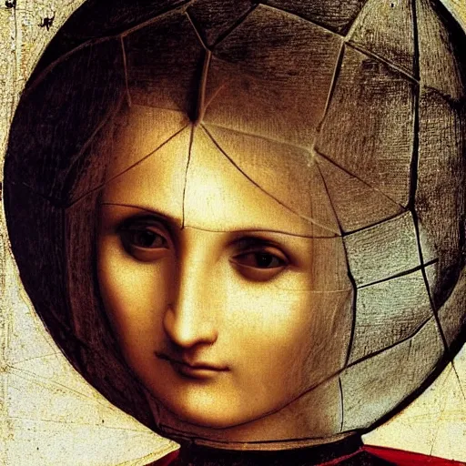 Prompt: Olivia Newton-John holding soccer ball face close-up by Leonardo da Vinci