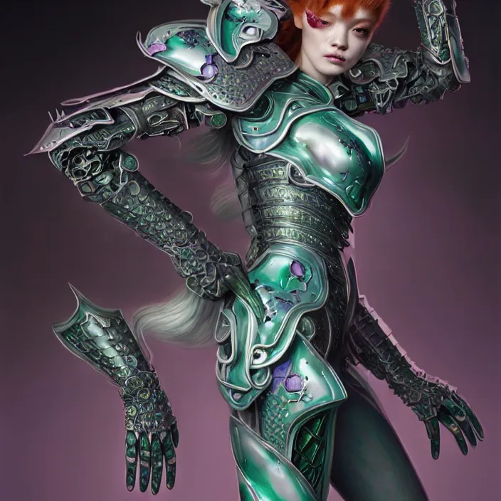 Prompt: porcelain cyborg armor, Chinese Kangxi purple and green fox pattern porcelain, diffuse lighting, fantasy, intricate, elegant, highly detailed, lifelike, redhead, photorealistic, digital painting, artstation, illustration, concept art, smooth, sharp focus, art by John Collier and Albert Aublet and Krenz Cushart and Artem Demura and Alphonse Mucha