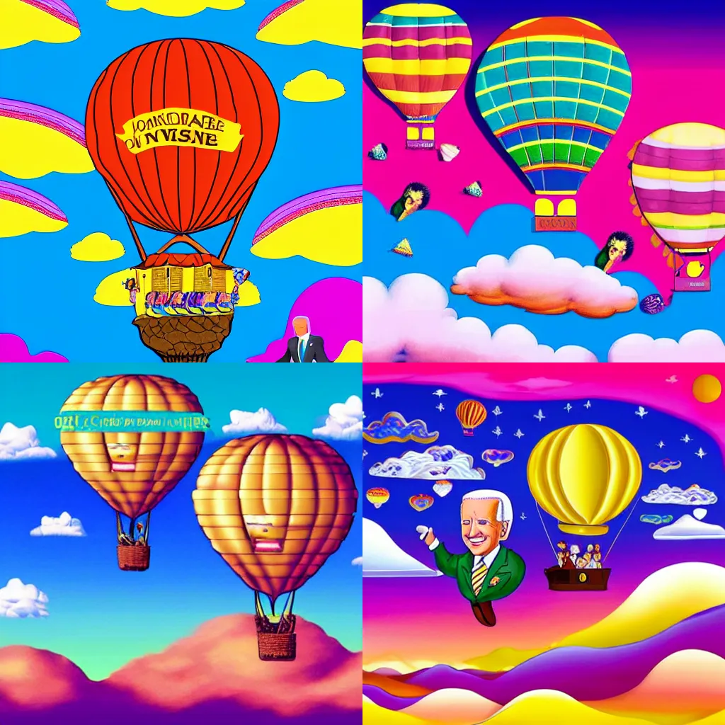 Prompt: Joe Biden, as an air balloon, large and in charge, drifting among clouds covered in delectable deserts, in a Lisa Frank art style, cinematic feeling,