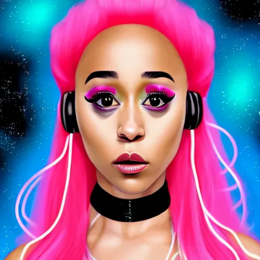 Image similar to paparazzi photo of Doja Cat on basketball court in outer space, beautiful beautiful beautiful beautiful beautiful beautiful beautiful digital art, a full body portrait, looking at camera, D&D, choker on neck, stylish, very long flowing hair, intricate, elegant, stylish, cute slightly nerdy smile, mouth slightly open, fantasy, extremely detailed, digital painting, artstation, concept art, smooth, sharp focus, illustration, stunning lighting, art by artgerm and greg rutkowski and alphonse mucha and simon stalenhag