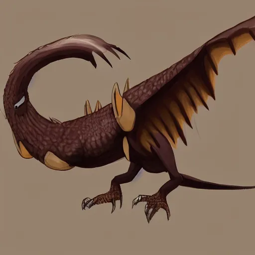 Prompt: medium sized brown feathered wyvern that stands on 2 legs with razor sharp teeth and sharp claws, my hero academia art style