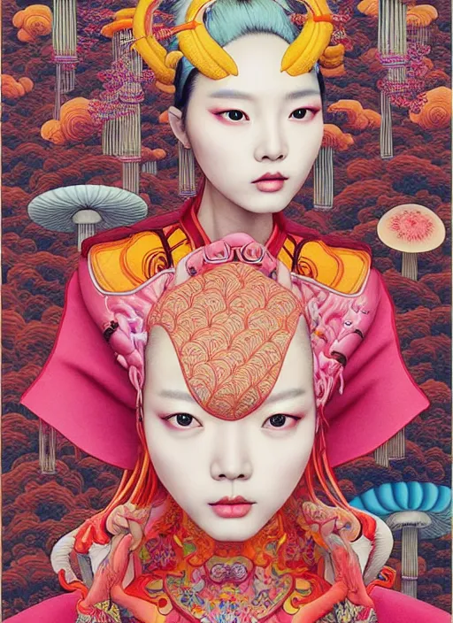 Image similar to pretty chinese model with hallucination mushroom : : by martine johanna and simon stalenhag and chie yoshii and casey weldon and wlop : : ornate, dynamic, particulate, rich colors, intricate, elegant, highly detailed, vogue, harper's bazaar art, fashion magazine, smooth, sharp focus,