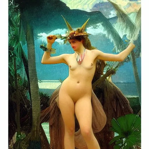 Image similar to Demon Girl at the palace, refracted sparkles, thunderstorm, greek pool, beach and Tropical vegetation on the background major arcana sky, by paul delaroche, alphonse mucha and arnold böcklin, hyperrealistic 8k, award-winning, very very very detailed