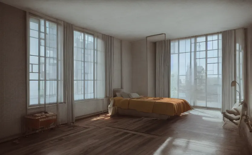Image similar to a room with interior 1 9 6 0 s, high quality, 8 k, architecture, symmetrical, harmonious, complementary colors, calm, high coherence, natural lighting, path traced, highly detailed, hyperrealistic, concept art, octane render, unreal engine 5, trending on artstation, beautiful, elegant