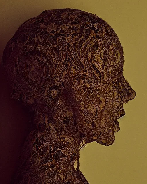 Prompt: a woman's face in profile, made of intricate decorative lace leaf, in the style of the dutch masters and gregory crewdson, dark and moody