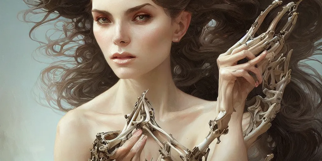 Image similar to fantasy portrait of woman made of bones, very very beautiful, elegant, highly detailed, digital painting, artstation, concept art, smooth, sharp focus, illustration, art by artgerm and greg rutkowski and alphonse mucha