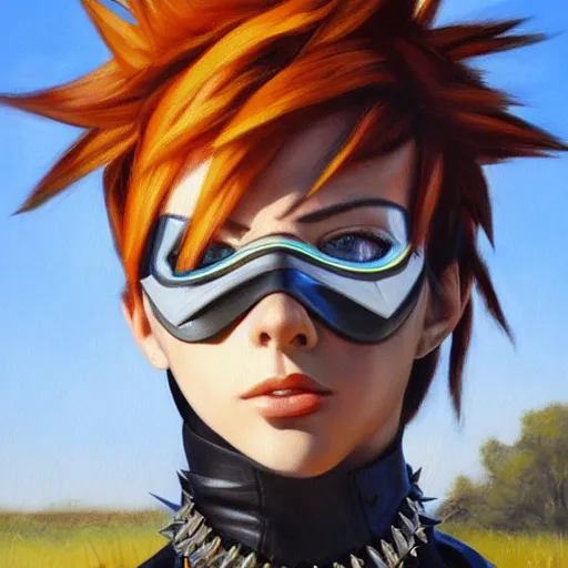 Image similar to oil painting of tracer overwatch in a field wearing spiked collar around neck, in style of martine johanna, expressive face, wearing choker with spikes, steel collar, detailed face, detailed eyes, full body, feminine face, tracer overwatch,