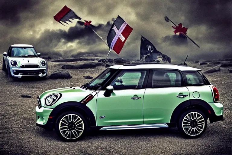 Image similar to “Poster of Mini Cooper Countryman Hybrid in the middle of viking battle. Retro style.”