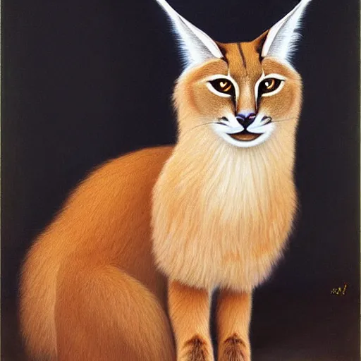 Image similar to fullbody portrait of cute fluffy caracal, wearing laurel wreath on his head, illustration, high detail, francine van hove