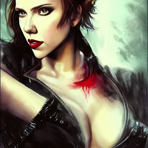 Image similar to painting of scarlett johansson as an evil vampire wearing an eyepatch, epic, tragic, military art, fantasy, dieselpunk, hd shot, digital portrait, beautiful, artstation, comic style, by artgerm, guy denning, jakub rozalski, magali villeneuve and charlie bowater