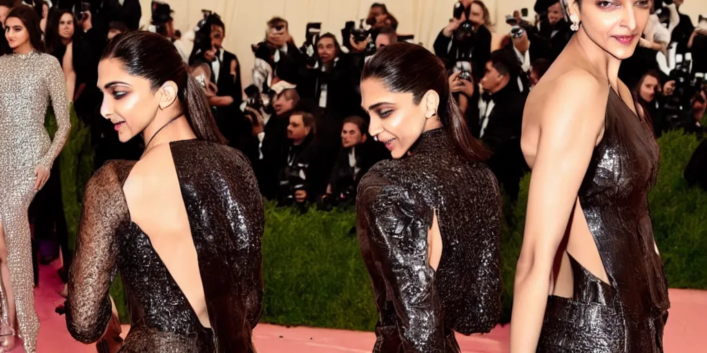 Prompt: Beautiful photograph of Deepika Padukone wearing a leather bodysuit by Tom Ford at Met Gala red carpet Getty Images