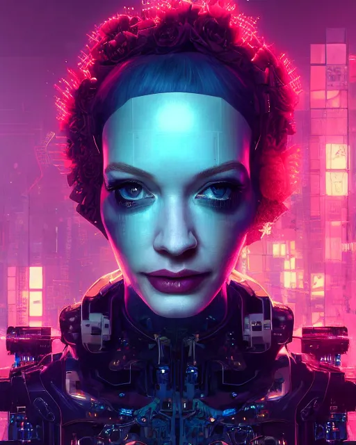 Image similar to portrait of christina hendricks as a cyberpunk cyborg. roses, sci - fi, intricate abstract upper body intricate artwork, by tooth wu, wlop, beeple, dan mumford. concept art, octane render, deviantart, greg rutkowski, cinematic arthouse, key art, hyper realism, iridescent accents