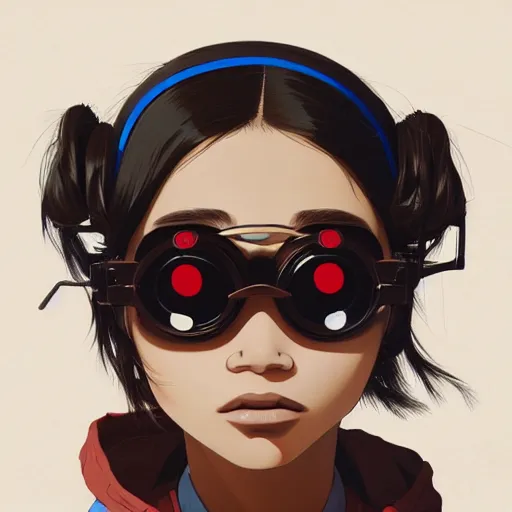 Image similar to face of a girl wearing goggles, brown skin, symmetrical, ilya kuvshinov, jamie hewlett, yoji shinkawa, muted colors, portrait, beautiful detailed illustration, graphic, fun, 17th century oil painting, flat colors, studio ghibli, cel shading,