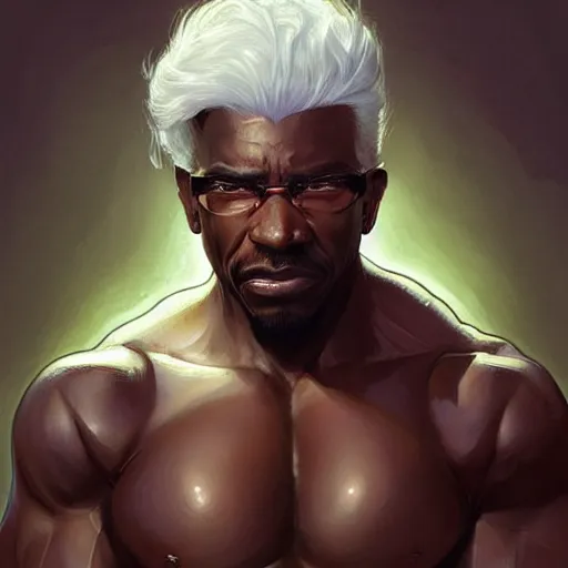 Prompt: wow, fanart ugly muscular black man with white hair and a protruding jaw with visible pectoral muscles, detailed, digital art, artstation, smooth, sharp focus, art by artgerm, greg rutkowski, alphonse mucha