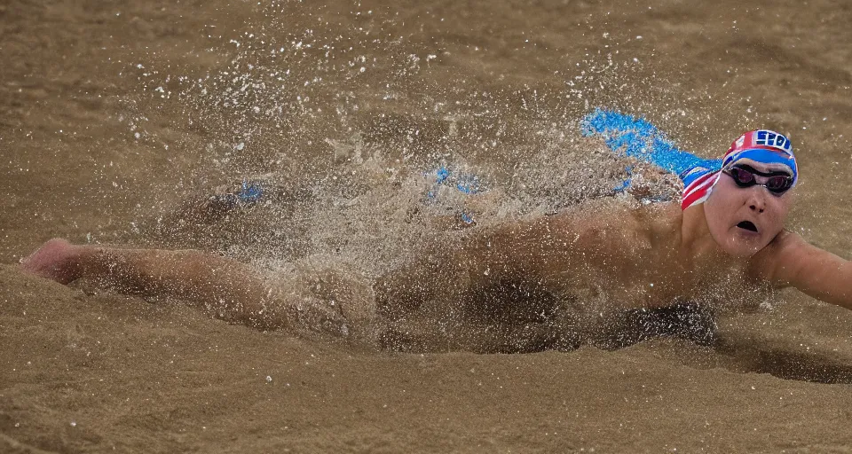 Image similar to olympic swimming in sand instead of water, extremely coherent, motion blur