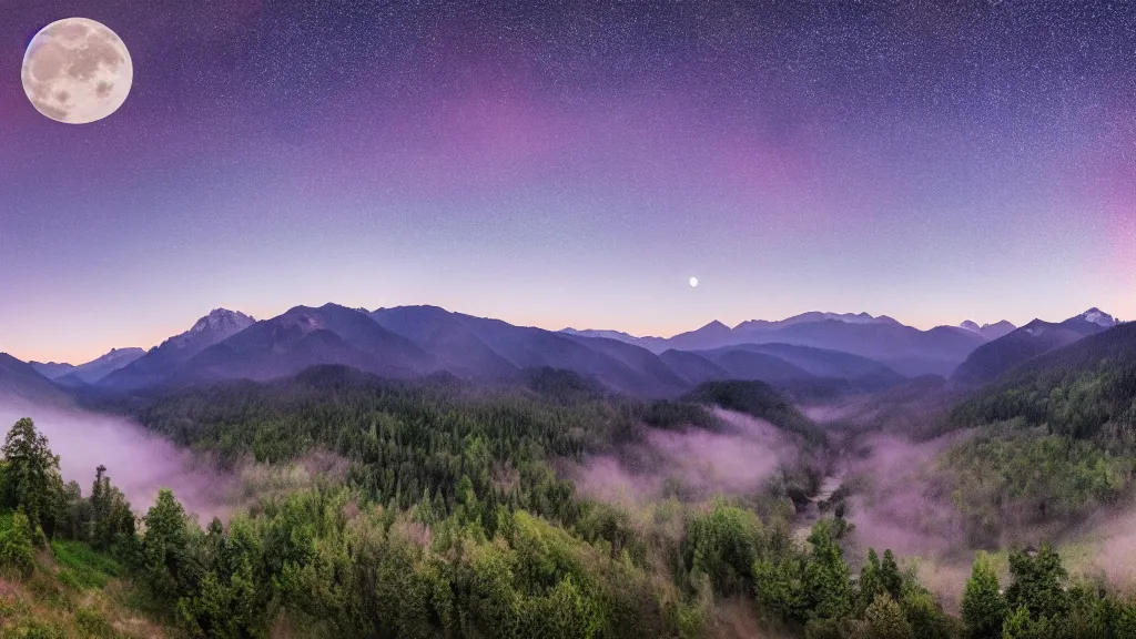 Image similar to Panoramic photo where the mountains are towering over the valley below their peaks shrouded in mist. It is night and the moon is just peeking over the horizon and the purple sky is covered with stars and clouds. The river is winding its way through the valley and the trees are blue and pink