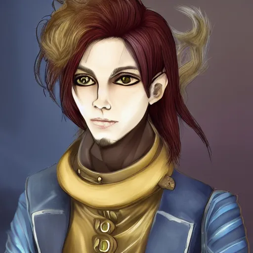 Prompt: https://static.wikia.nocookie.net/sandman/images/2/2f/Desire1.jpg/revision/latest?cb=20220725144255 Portrait of a fashionable androgynous pirate space captain, dark hair, golden eyes, teasing smile,