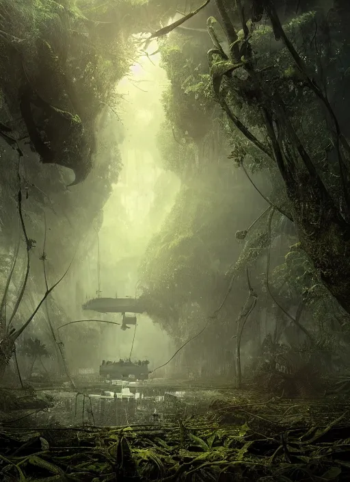 Image similar to decayed aircraft carrier Nimitz laying on the ground of a tropical forest overgrown with vegetation and hanging vines, post appocalyptic, by Luis Royo, by Greg Rutkowski, dark, gritty, intricate, cover illustration, concept art, volumetric lighting, volumetric atmosphere, sharp focus, octane render, trending on artstation, 8k