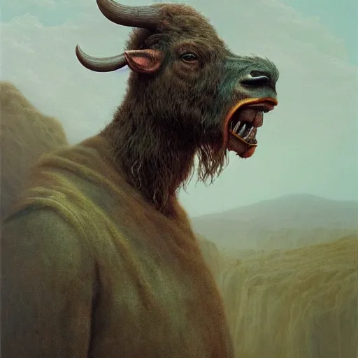 Image similar to portrait of Josh Allen wearing Bison head, dark fantasy, Warhammer, artstation painted by Zdzisław Beksiński and Wayne Barlowe