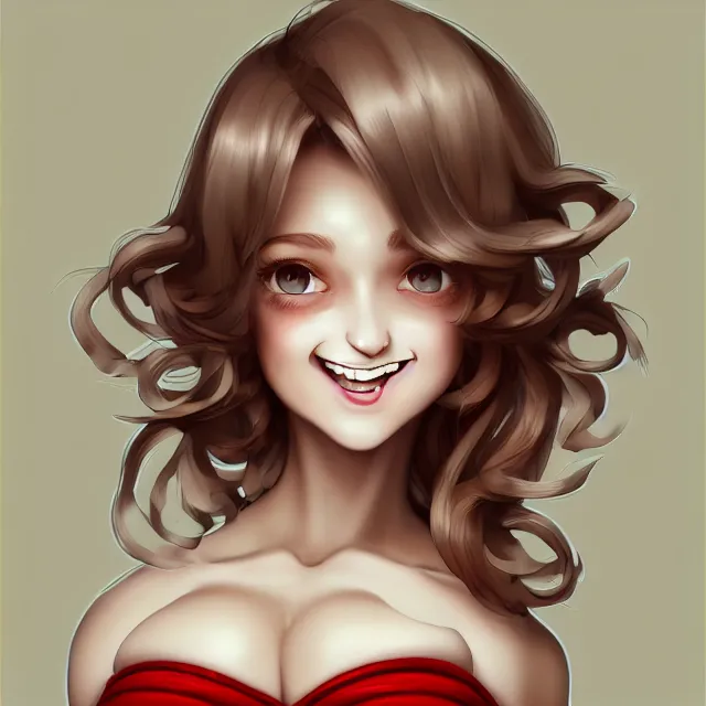Prompt: professional digital art of a white incredibly !!!!attractive!!!! smiling thin slightly curvy woman with light brown curly hair blue eyes, front view, facing camera, standing in tight red dress, very attractive, beautiful face, impressive, smiling, Canon 40mm view, HD, 4k, well composed, best on artstation, cgsociety, epic, stunning, gorgeous, intricate detail, wow, masterpiece by Gil Elvgren and Artgrem and Dorian Cleavanger