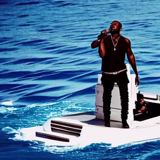 Image similar to kanye west performing a live concert on a small boat in the middle of the ocean