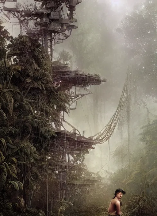 Prompt: a tribal woman from behind, in front of the aircraft carrier USS Nimitz overgrown with vegetation, lush rain forest, post appocalyptic, by Luis Royo, by Greg Rutkowski, dark, gritty, intricate, backlit, strong rim light, cover illustration, concept art, volumetric lighting, volumetric atmosphere, sharp focus, octane render, trending on artstation, 8k